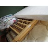 WOODEN COT WITH MATTRESS AND BEDDING. (AF)