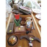 WOODEN TRAYS, SMALL LIDDED BASKET, CARVED WOODEN DISHES AND OTHER DECORATIVE WARE.