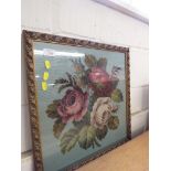 FRAMED AND GLAZED NEEDLEWORK TAPESTRY OF ROSES, NEEDLEWOMAN SHOP OF REGENT STREET TO BACK OF FRAME