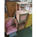 TWO PINK PAINTED BASKET WEAVE BEDSIDE CUPBOARDS / SIDE TABLES WITH MATCHING TUB CHAIR.