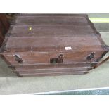 EARLY 20TH CENTURY WOODEN BANDED TRAVEL TRUNK.