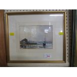 FRAMED AND GLAZED WATERCOLOUR OF BOATS SIGNED RAY BALKWILL, 12.5CM X 17.5CM, SIGNED BIOGRAPHY