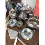 PEWTER HOT WATER JUG, SILVER-PLATED TEA POT, SUGAR BASIN AND OTHER METAL DINING WARE.