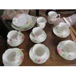 VICTORIA CHINA FOLIATE PATTERN TEA WARE AND AN ELIZABETHAN CHINA FLOWER STACK MUG.