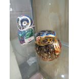ROYAL CROWN DERBY CHINA PAPERWEIGHT PERIWINKLE OWL WITH GOLD COLOURED STOPPER, TOGETHER WITH ONE