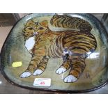 STUDIO POTTERY SQUARE DISH DEPICTING A TABBY CAT, SIGNED AND IMPRESSED B.R
