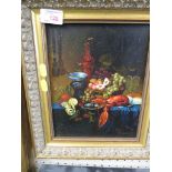 SMALL STILL LIFE OIL ON BOARD DEPICTING FRUIT AND LOBSTER SIGNED LOWER RIGHT IN A GILT FRAME .