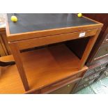 TEAK FRAMED SQUARE OCCASIONAL TABLE WITH BLACK TOP.