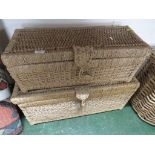 TWO RUSH WOVEN LIFT TOP STORAGE BOXES.