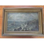 COASTAL SCENE WITH ROUGH SEA, PROBABLY 19TH CENTURY, OIL ON BOARD, 21.5CM X 36CM, INCOMPLETE