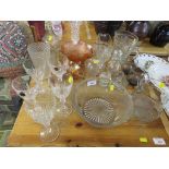 CARNIVAL GLASS BOWLS, DECANTER, CRYSTAL WINE GLASSES.