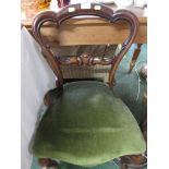 EARLY VICTORIAN ROSEWOOD SIDE CHAIR ON FRONT CABRIOLE LEGS WITH MORE RECENTLY UPHOLSTERED GREEN