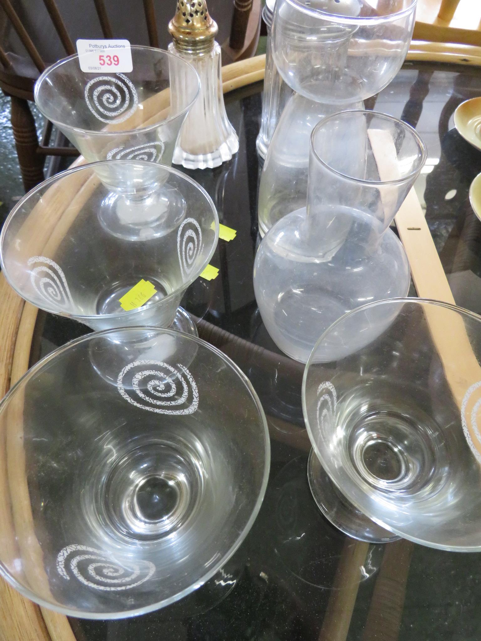 FOUR KILKENNY GLASS BOWLS, TOGETHER WITH TWO GLASS VASES AND TWO SUGAR CASTERS.