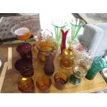 ASSORTED COLOURED GLASS VASES, JARS AND DRINKING VESSELS.
