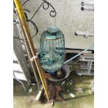 A SMALL SELECTION OF GARDENING HAND TOOLS , SHOVEL , METAL BASIN , BIRD FEEDER WITH STAND, SHOVEL,
