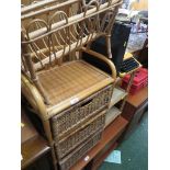 CANED FRAMED AND WICKER CHEST OF THREE DRAWERS TOGETHER WITH A CANED MAGAZINE RACK, ALSO THREE