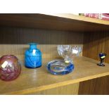 ORREFORS GLASS BOWL, HOLMEGAARD ASH TRAY, RED GLASS VASE SIGNED TO BASE, TOGETHER WITH STUDIO