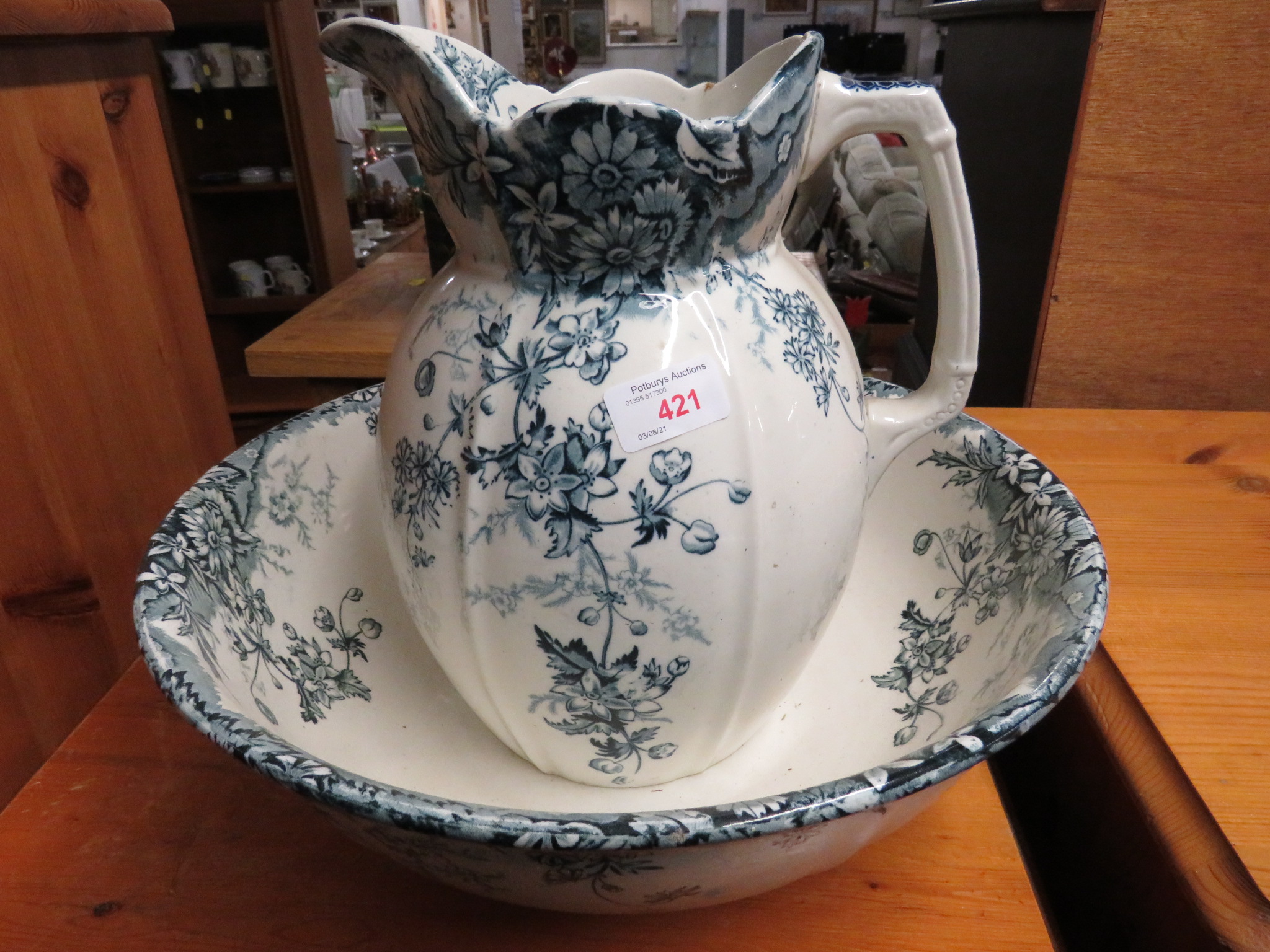 STOKE POTTERY CHINA WASH JUG AND BOWL DECORATED WITH FLOWERS.