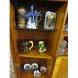 TOBY JUG, CERAMIC WINDMILL, TWO STEINS, TWO TANKARDS AND FOUR PIN DISHES. (THREE SHELVES)