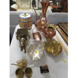 BISCUIT BARREL, COPPER AND BRASS EWER AND OTHER METAL WARE.