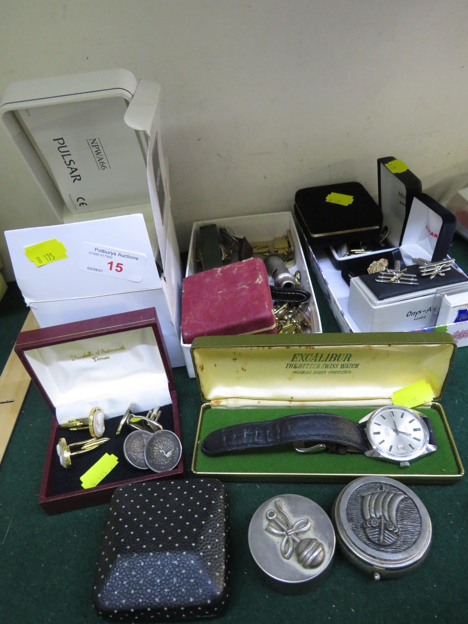 EXCALIBUR WRISTWATCH, ASSORTED CUFFLINKS, TRINKET POTS AND OTHER WATCHES AND SMALL ITEMS.