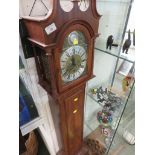 A MODERN MAHOGANY VENEER CASED GRANDFATHER STYLE CLOCK BY E.J GOODFELLOW.