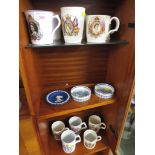 ROYAL COMMEMORATIVE MUGS AND PIN DISHES . (THREE SHELVES)