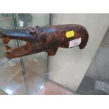 PRIMITIVE STYLE CARVED WOODEN HIPPO WITH GLASS EYE. (AF)