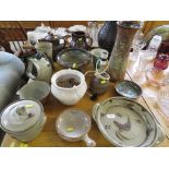 STUDIO POTTERY, VASES, DISHES, SALT PIG ETC, AND A POTTERY TABLE LAMP BASE.