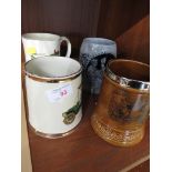 FOUR POTTERY TANKARDS INCLUDING LORD NELSON POTTERY COACHING DAYS.