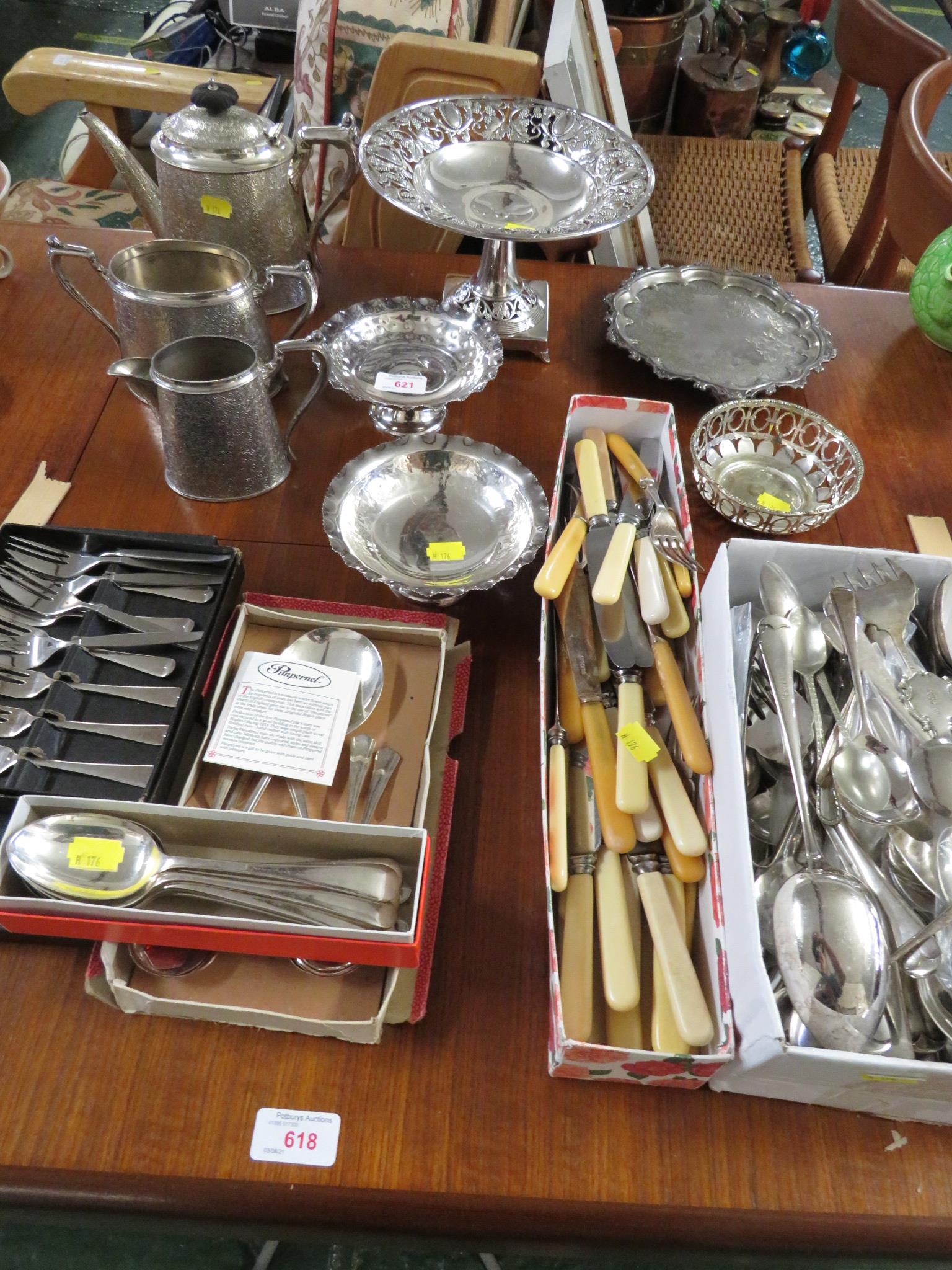 SILVER-PLATED TEA WARE, ASSORTED DISHES, CUTLERY AND BONE HANDLED CUTLERY.