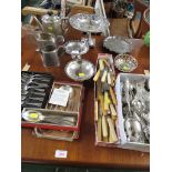 SILVER-PLATED TEA WARE, ASSORTED DISHES, CUTLERY AND BONE HANDLED CUTLERY.