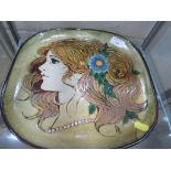 STUDIO POTTERY SQUARE DISH DEPICTING LADIES HEAD IN PROFILE WITH HAIR ADORNED WITH FLOWER, SIGNED