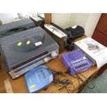 TURNTABLE RADIO SYSTEM, ASSORTED RADIOS, SONY CD WALKMAN AND TV LINK SYSTEM.