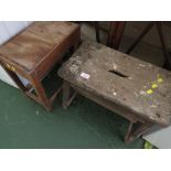 RUSTIC WOODEN STOOL AND A SMALL OAK OCCASIONAL TABLE.