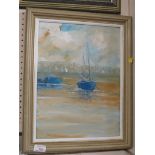 FRAMED OIL ON BOARD OF MOORED BOATS AT LOW TIDE SIGNED R GOLDING LOWER LEFT.