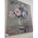 UNFRAMED OIL ON CANVAS DEPICTING FLOWERS IN VASES, SIGNED WINIFRED M DEXTER LOWER LEFT