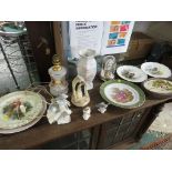 DECORATIVE WARE INCLUDING GLASS TABLE LAMP BASE, CHINA DISPLAY PLATES AND OTHER ITEMS (NEEDS RE-