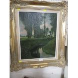 OIL ON CANVAS OF TREES AND STREAM IN A GILT EFFECT FRAME.