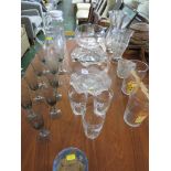 A DARTINGTON CRYSTAL BOWL TOGETHER WITH OTHER GLASSWARE, VASES, WINE GLASSES ETC.