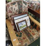 PINE FRAMED ARMCHAIR WITH FOLIATE UPHOLSTERED CUSHIONS . (AF)