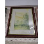 FRAMED AND GLAZED WATERCOLOUR OF A POND AND TREES.