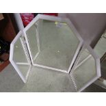 THREE PANEL DRESSING TABLE MIRROR IN A WHITE PAINTED FRAME.