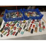 LARGE SELECTION OF VINTAGE PLAY WORN DIE CAST CARS INCLUDING DINKY AND CORGI.