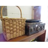 VINTAGE TRAVEL CASE , LEATHER SATCHEL , LEATHER DOCUMENTS CASE AND A WICKER WINE CARRIER.