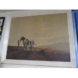 FRAMED PRINT ON BOARD OF PLOUGH HORSES AFTER COULSON