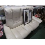EKORNESS STRESSLESS MANUALLY RECLINING TWO-SEATER SOFA IN CREAM LEATHER WITH WOODEN FRAME.