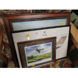 THREE AVIATION THEME FRAMED AND GLAZED PRINTS, AND TWO LPS - WINGS OF HISTORY AIRCRAFT SOUNDS VOLS 1