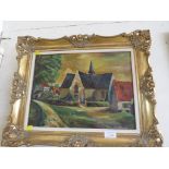 OIL ON CANVAS OF CHURCH YARD SIGNED A DE BRABANDERE LOWER RIGHT IN GILT EFFECT FRAME.