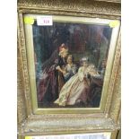 PRINT OF LADIES IN SALON WITH HAND EMBELLISHMENTS GLAZED AND IN A GILT FRAME.